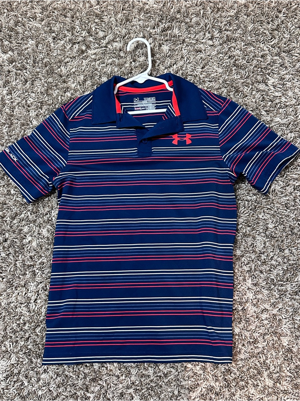 Under Armour boys Navy Polo with red and White Stripes